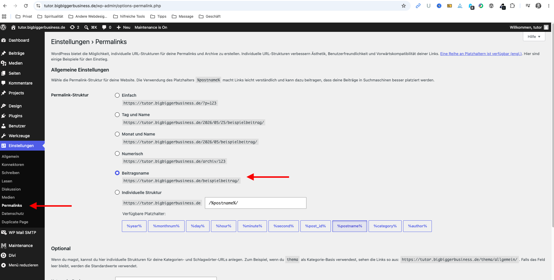 WordPress-Permalinks auf Beitragsname einstellen