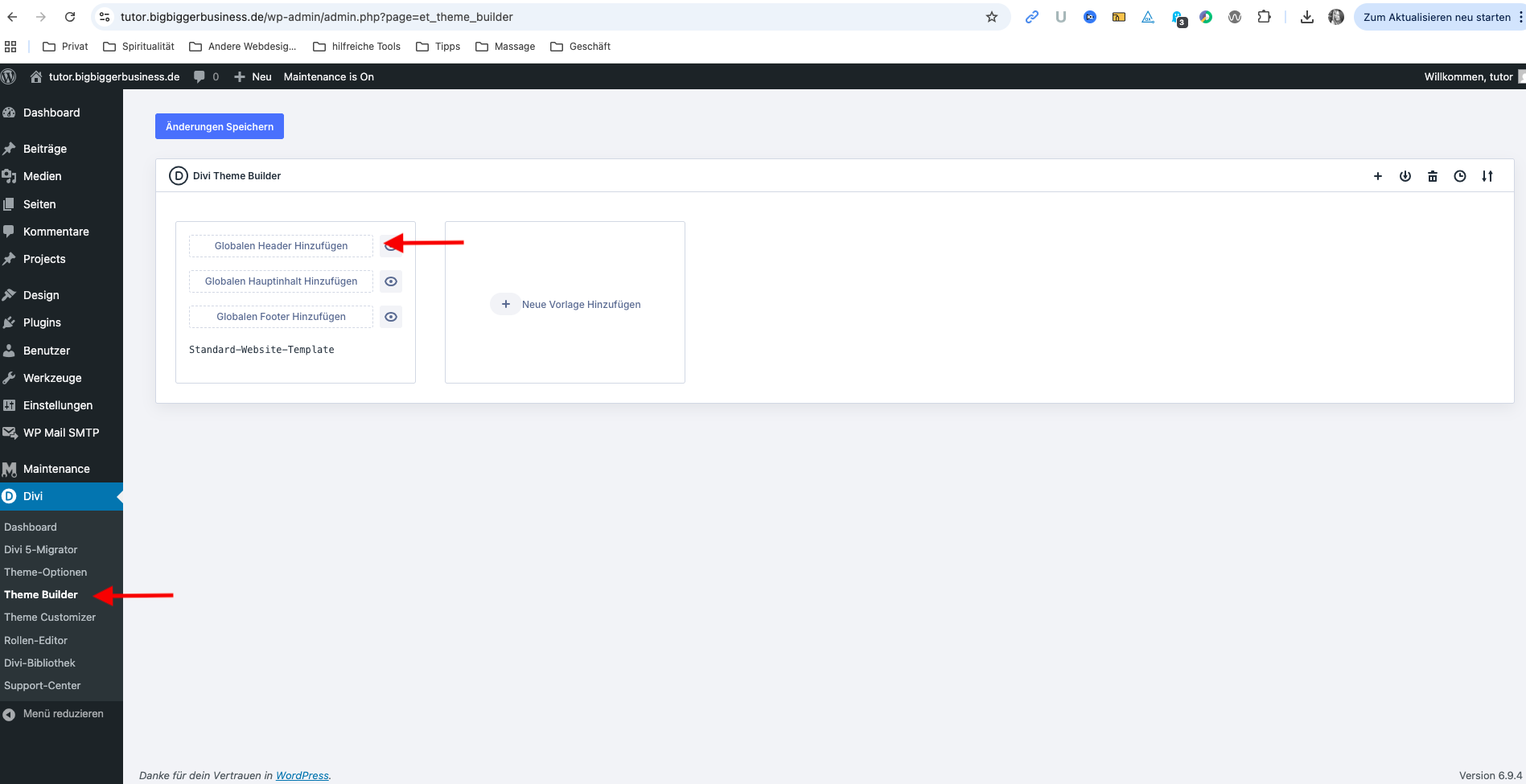 WordPress Dashboard - Theme Builder Bearbeitung