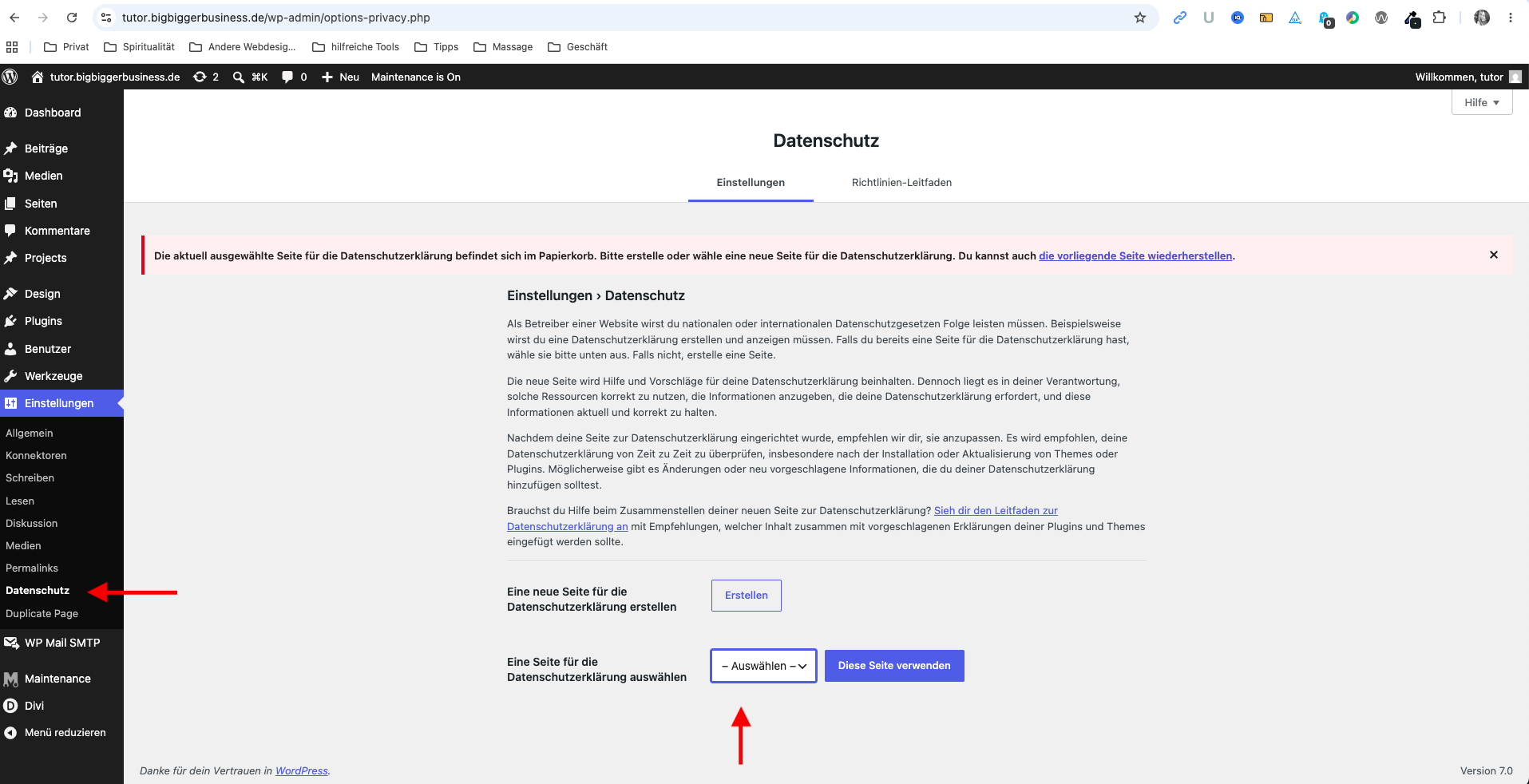 Datenschutzerklärung in den WordPress-Einstellungen auswählen