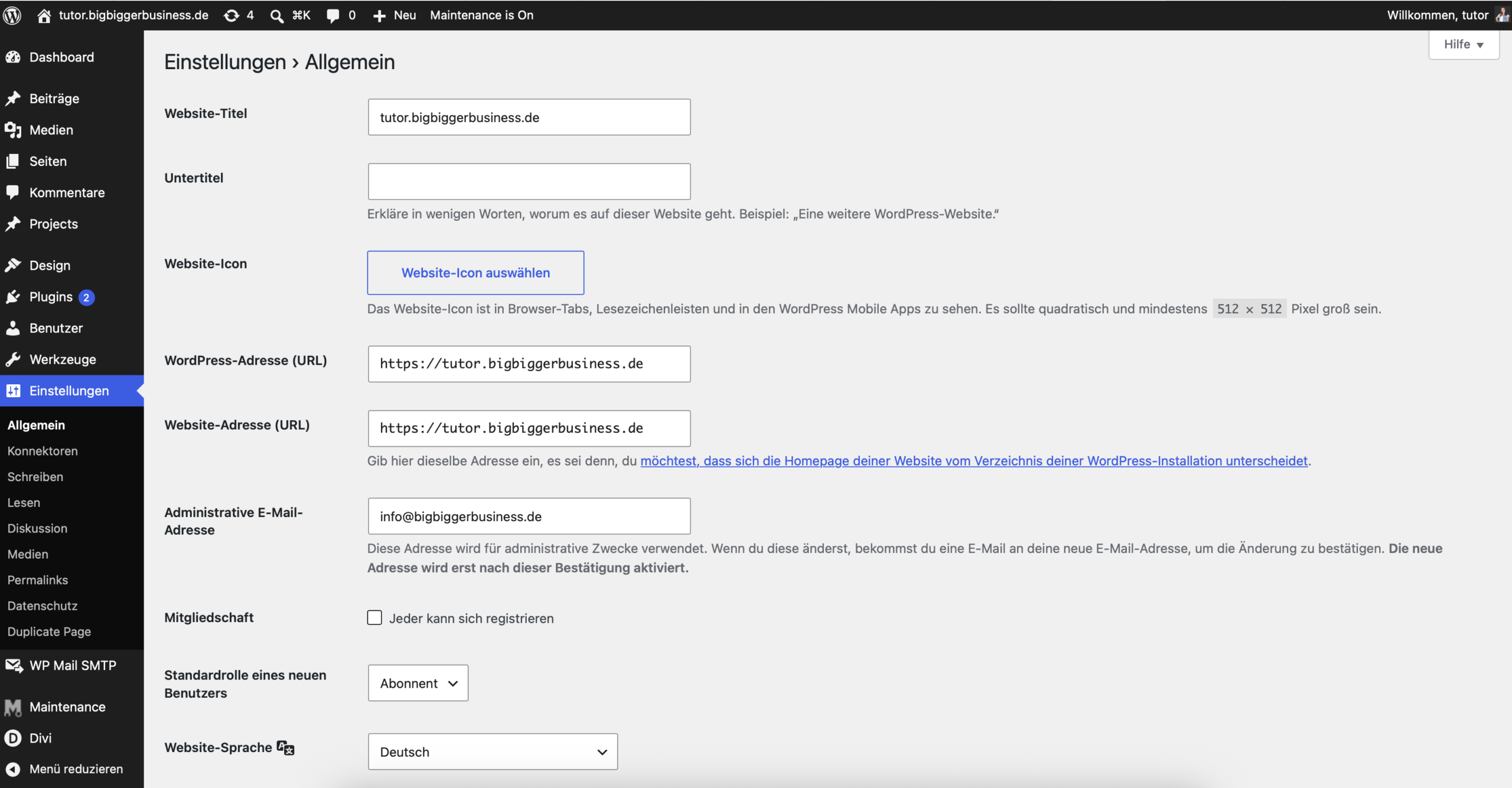 WordPress-Einstellungen unter Allgemein mit Website-Titel, URLs und Zeitzone