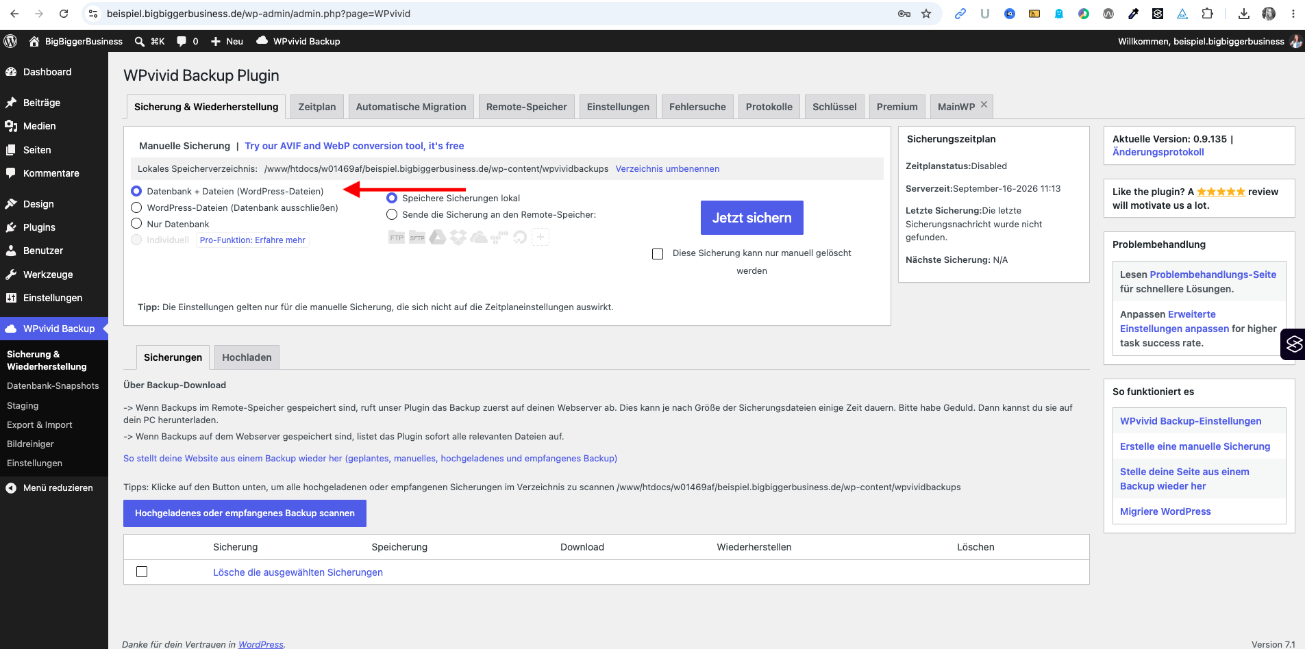 WPvivid Einstellung1